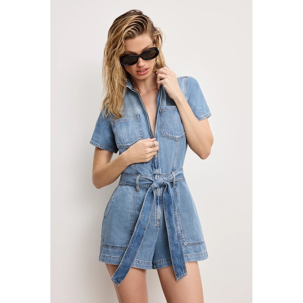Good American Fit For Success Lite Linen Shorts Jumpsuit Indigo Blue 3XL NWT